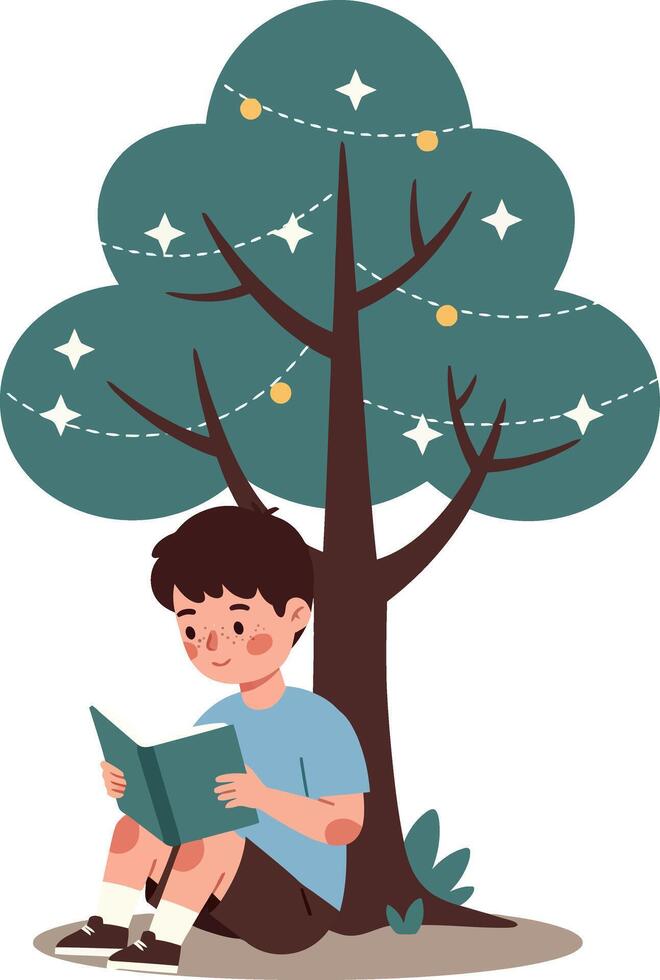 A boy reading a book under a tree with decorative lights in a minimal illustration vector