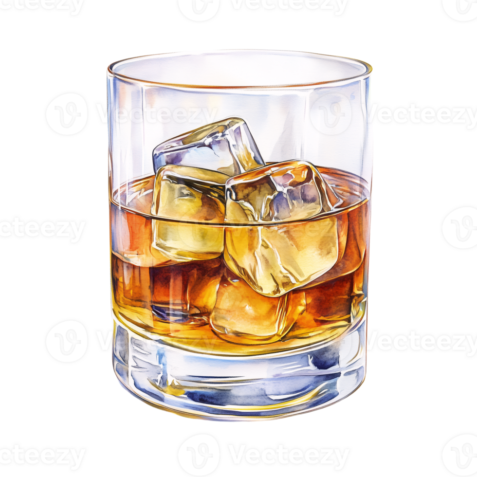 Painting of Whiskey on the Rocks in a Rocks Glass on transparent background png