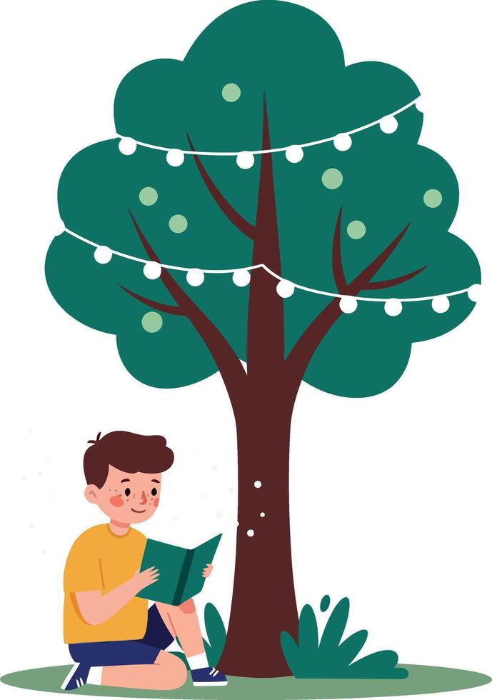 A boy reading a book under a leafy tree with string lights in a flat illustration vector