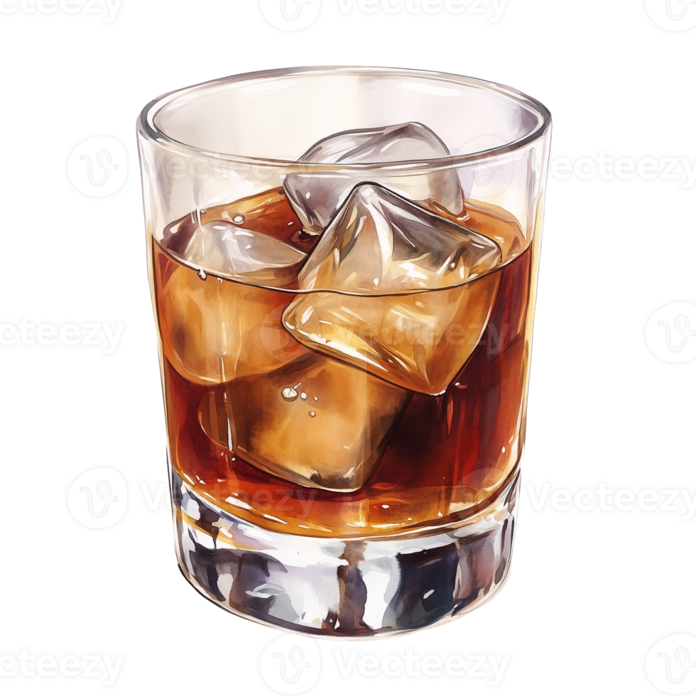 Watercolor Illustration of Whiskey on the Rocks in a Glass png