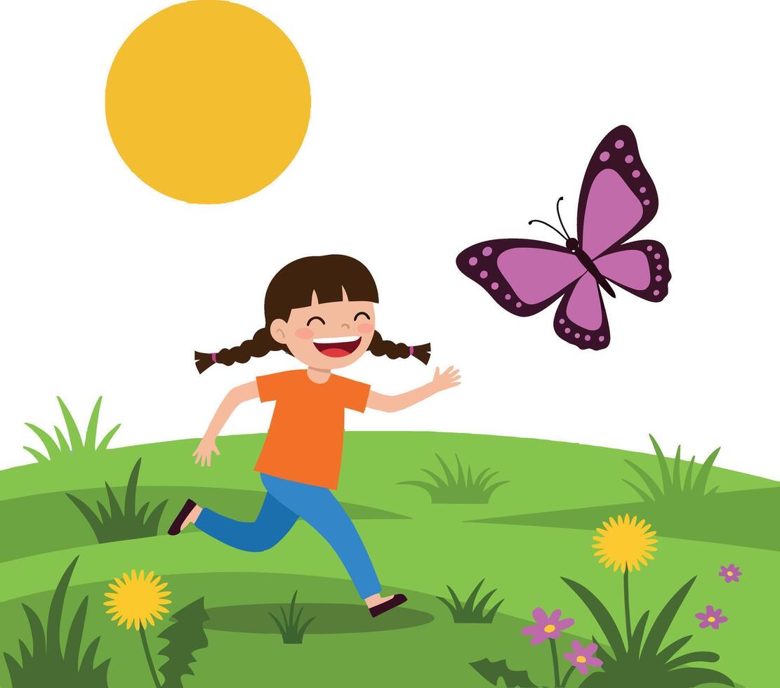 A joyful girl running through green grass chasing a colorful butterfly in flat art vector