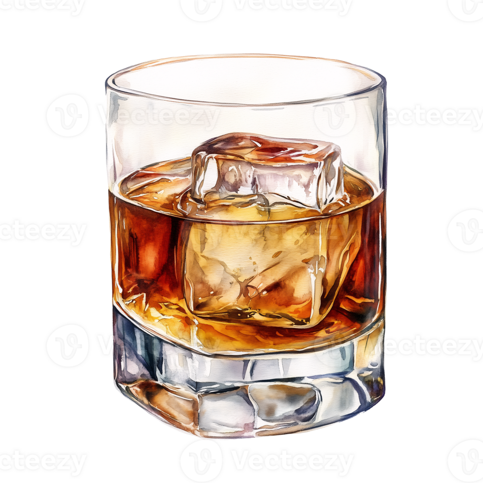 Watercolor Painting of Whiskey on the Rocks in a Rocks Glass png