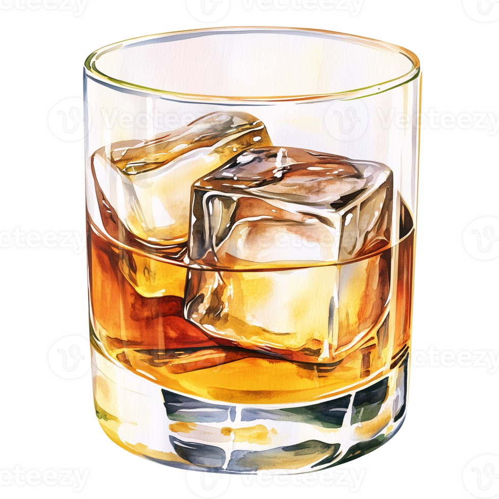 Watercolor Painting of Whiskey in a Rocks Glass with Ice Cubes png