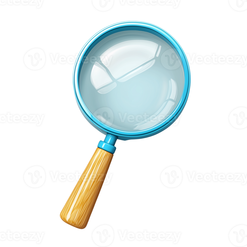 Magnifying Glass 3D Render Blue and Wood Design Element for Search, Investigation, and Discovery png