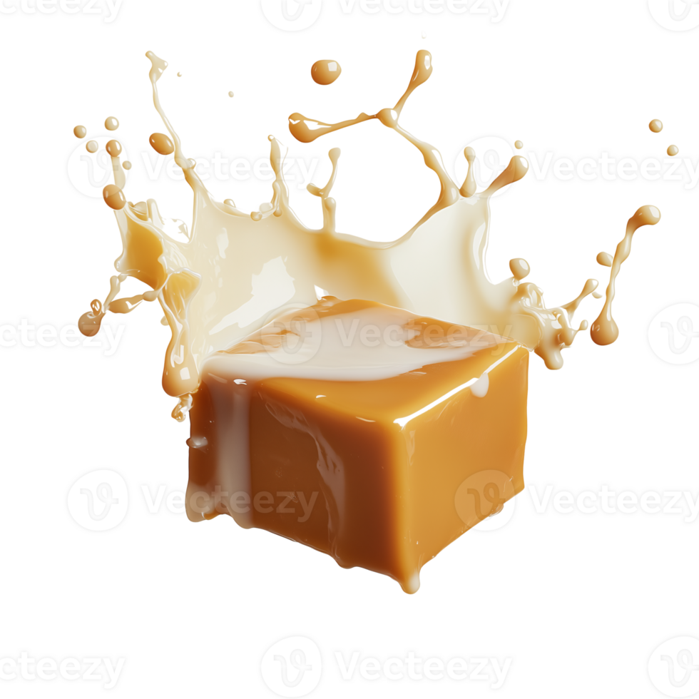 Caramel Candy Splash Delicious Cube in Creamy Liquid Explosion png