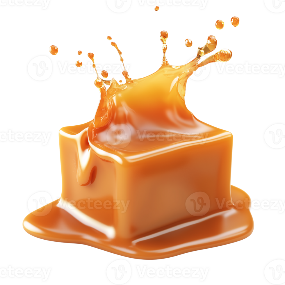 3D Caramel Cube with Drizzle Effect isolated on transparent background png
