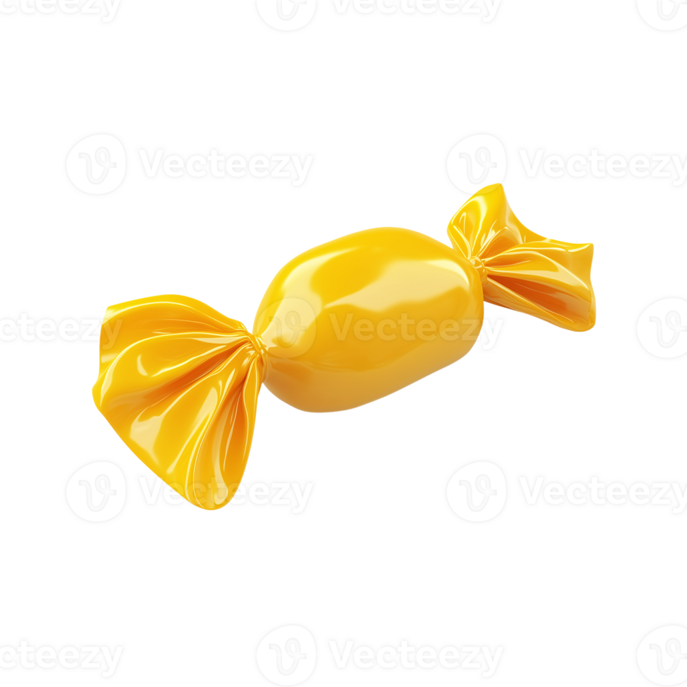 Glossy Yellow Candy in Wrapper 3D Render of Sweet Treat on transparent background png