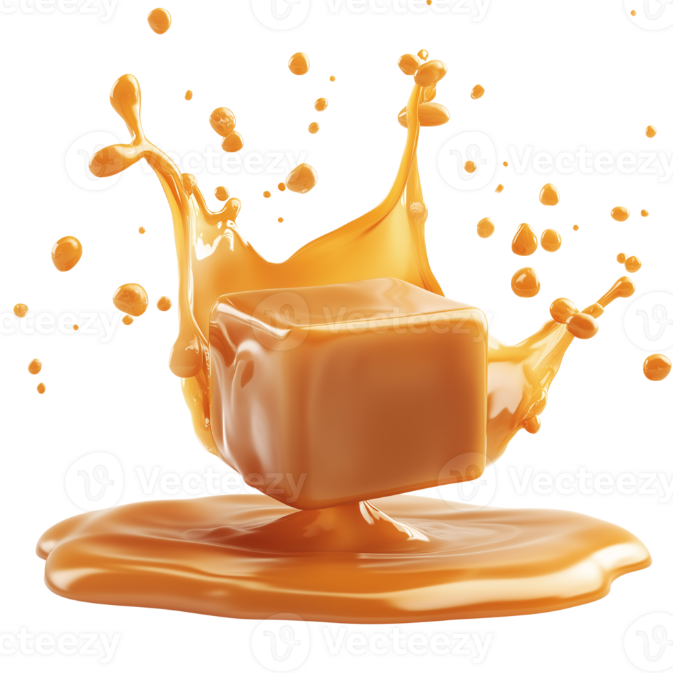 Delicious Caramel Cube Splashing 3D Render of Sweet Treat png