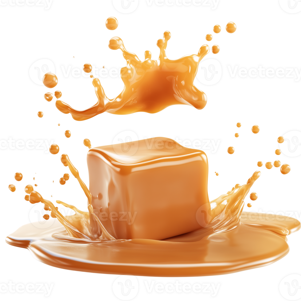 Delicious Caramel Cube Splashing into Caramel Sauce 3D Render png