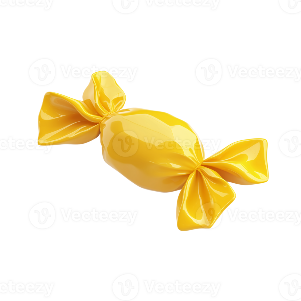 Shiny Yellow Candy Wrapped in a Bow 3D Render of Sweet Treat png