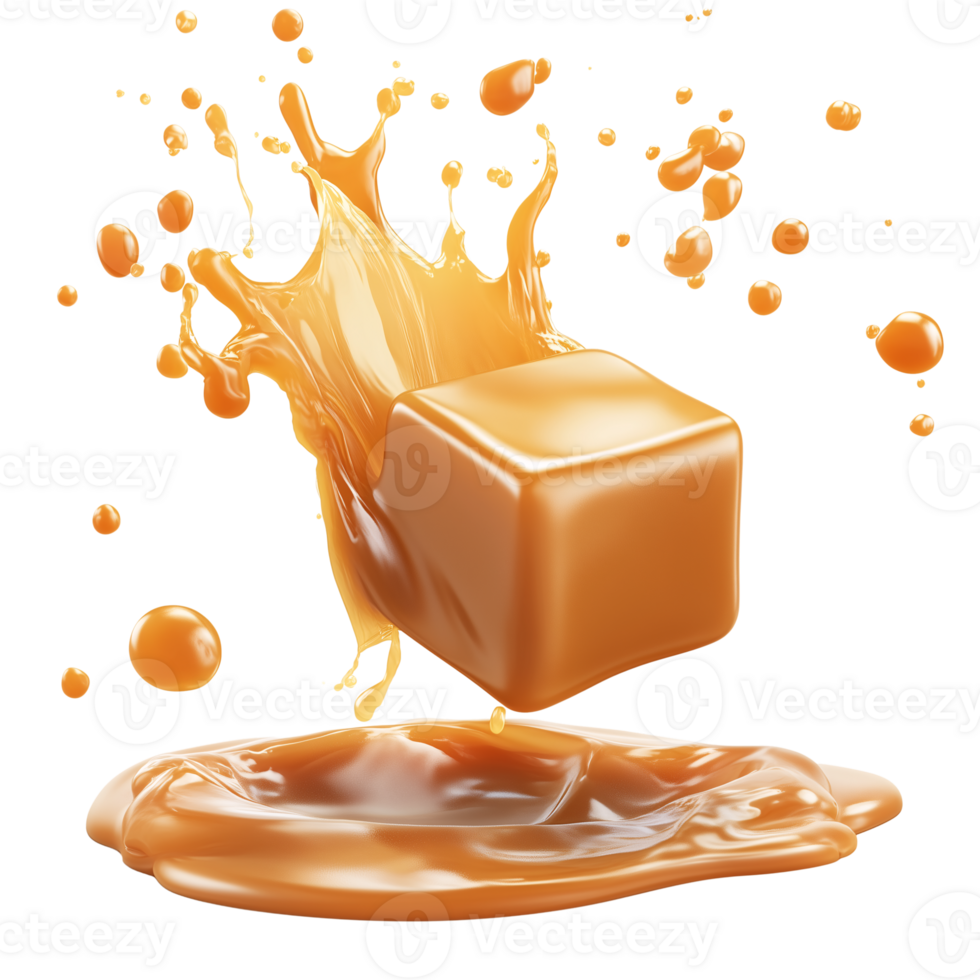 Delicious Caramel Cube Splash 3D Render of Sweet Treat on transparent background png