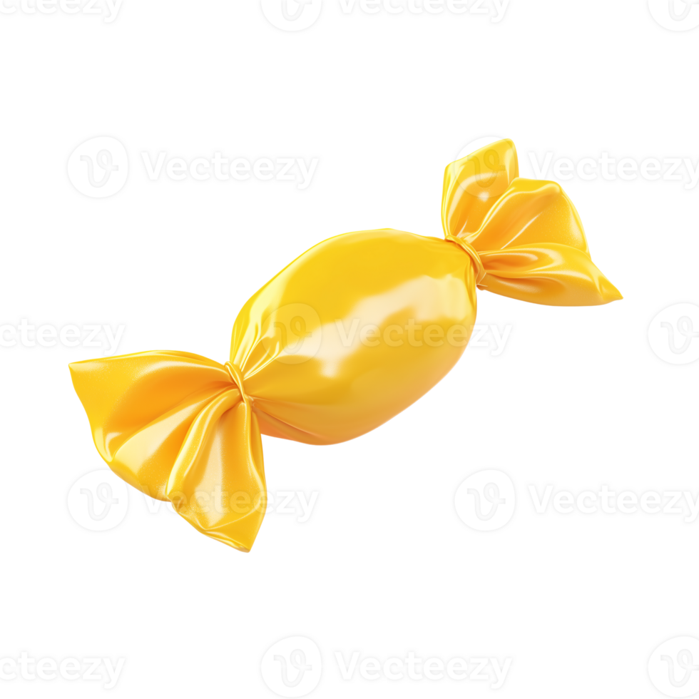 Glossy Yellow Candy in Wrapper 3D Render of Sweet Treat isolated on transparent background png