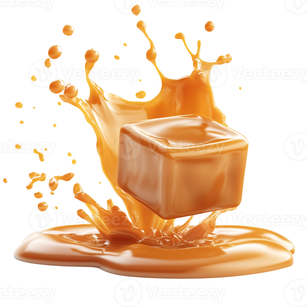 Caramel Cube Splash 3D Render of Sweet Treat on transparent background png