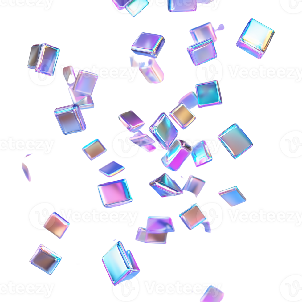 Falling Iridescent Holographic Cubes 3D Render on transparent background png