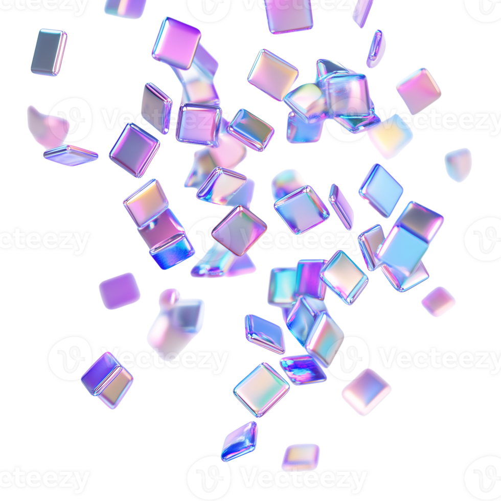 Holographic Cubes Falling Abstract 3D Render of Iridescent Gems png