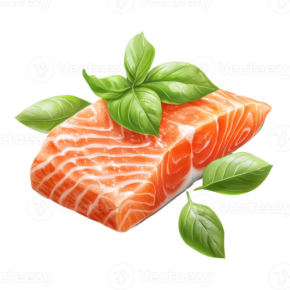 Fresh Salmon Fillet with Basil Gourmet Food Illustration isolated on transparent background png