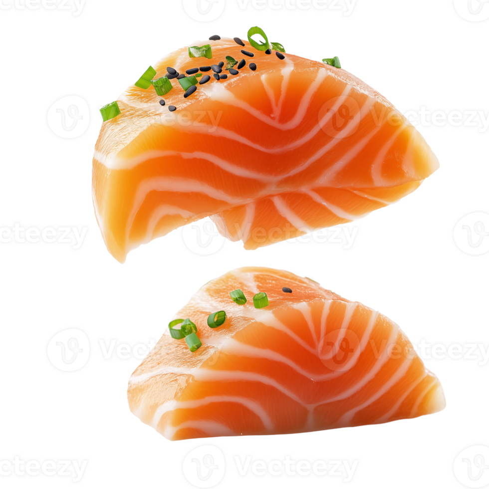 Delicious Salmon Sashimi Fresh, Garnished, Floating, Appetizing png