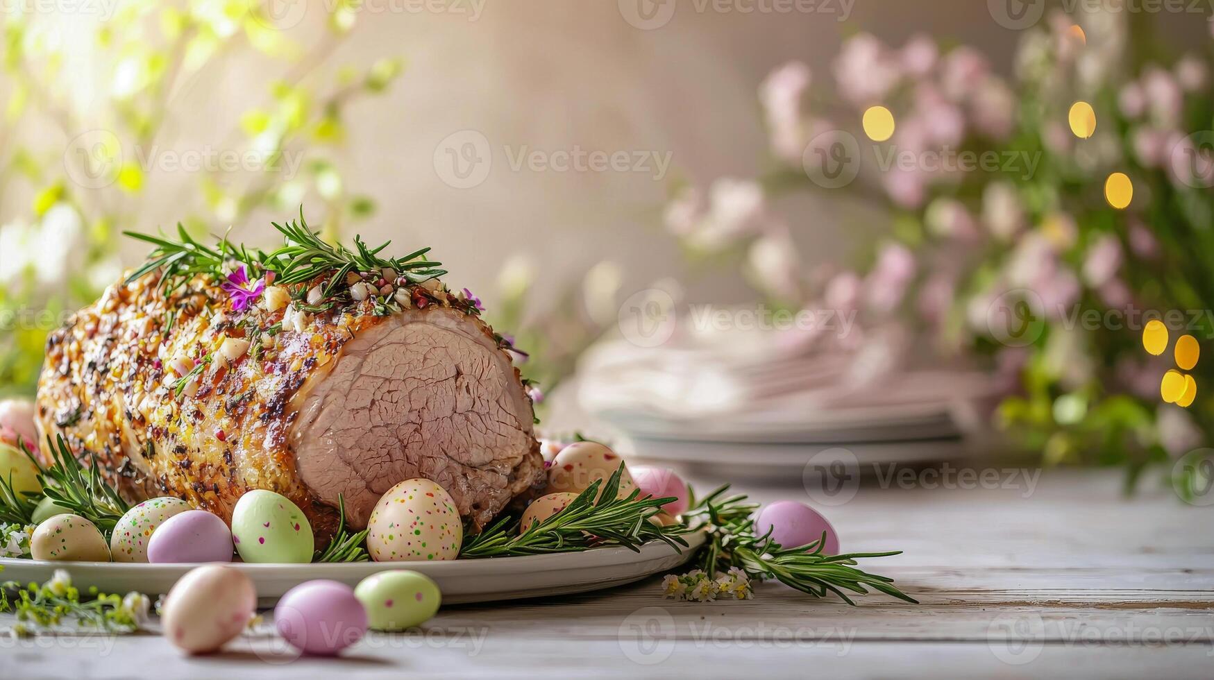 Festive easter table setting with seasoned roast and colorful eggs, concept of celebration, family gatherings, spring decor photo