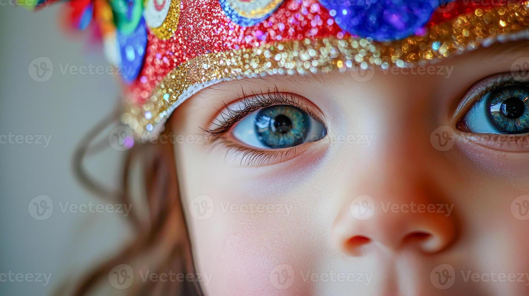 Close-up of a Child's Face Wearing a Colorful Costume for Purim Celebration. Concept of Festive Traditions, Cultural Heritage photo