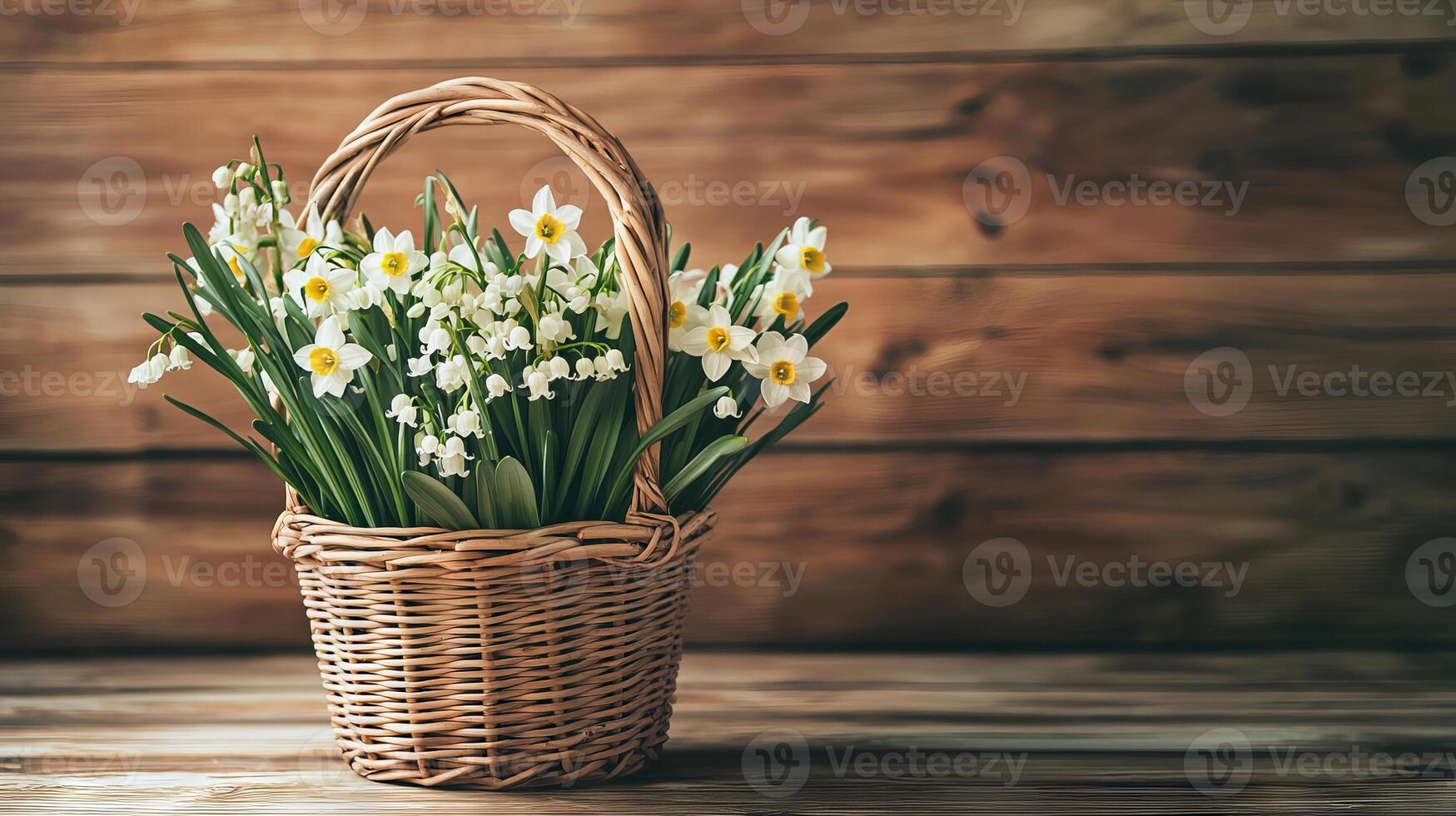Woven Basket Filled with Blooming Daffodils on Wooden Background. Concept of Spring, Floral Arrangement, Natural Decor photo