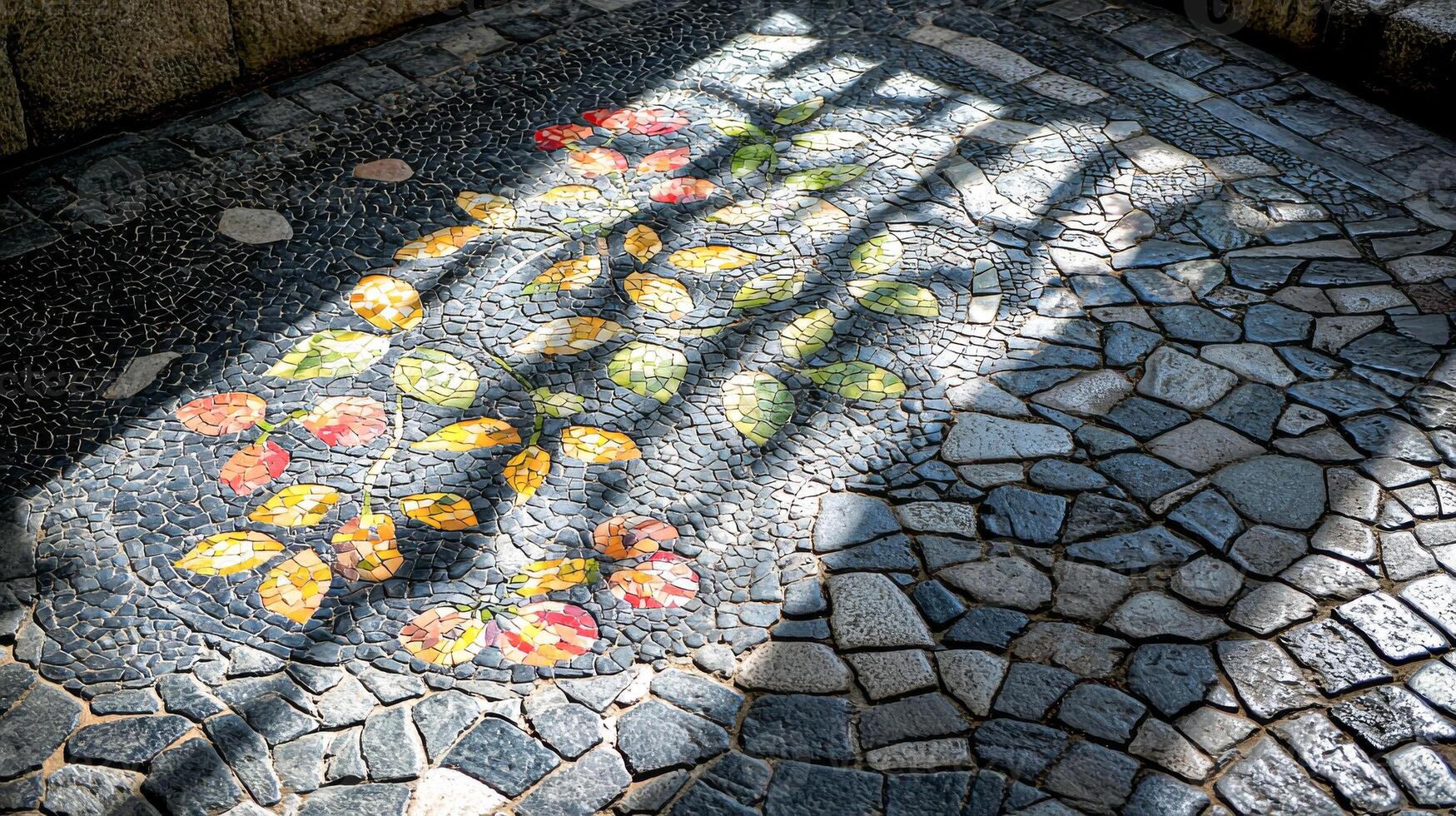 Intricately designed mosaic pavement featuring colorful floral patterns illuminated by sunlight. Concept of artistic street design, urban aesthetics, craftsmanship, decorative outdoor elements photo