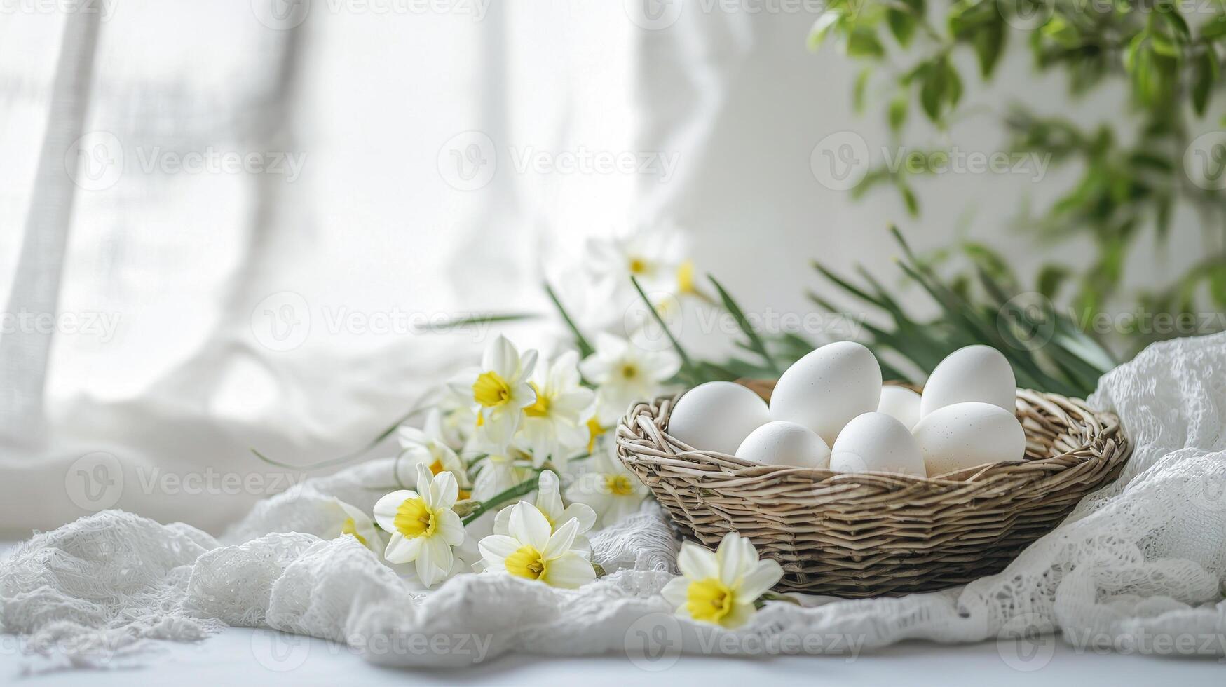 Fresh white eggs in a wicker basket with scattered daffodils on sunlit table. concept of spring, simplicity, and natural decor. Copy space photo