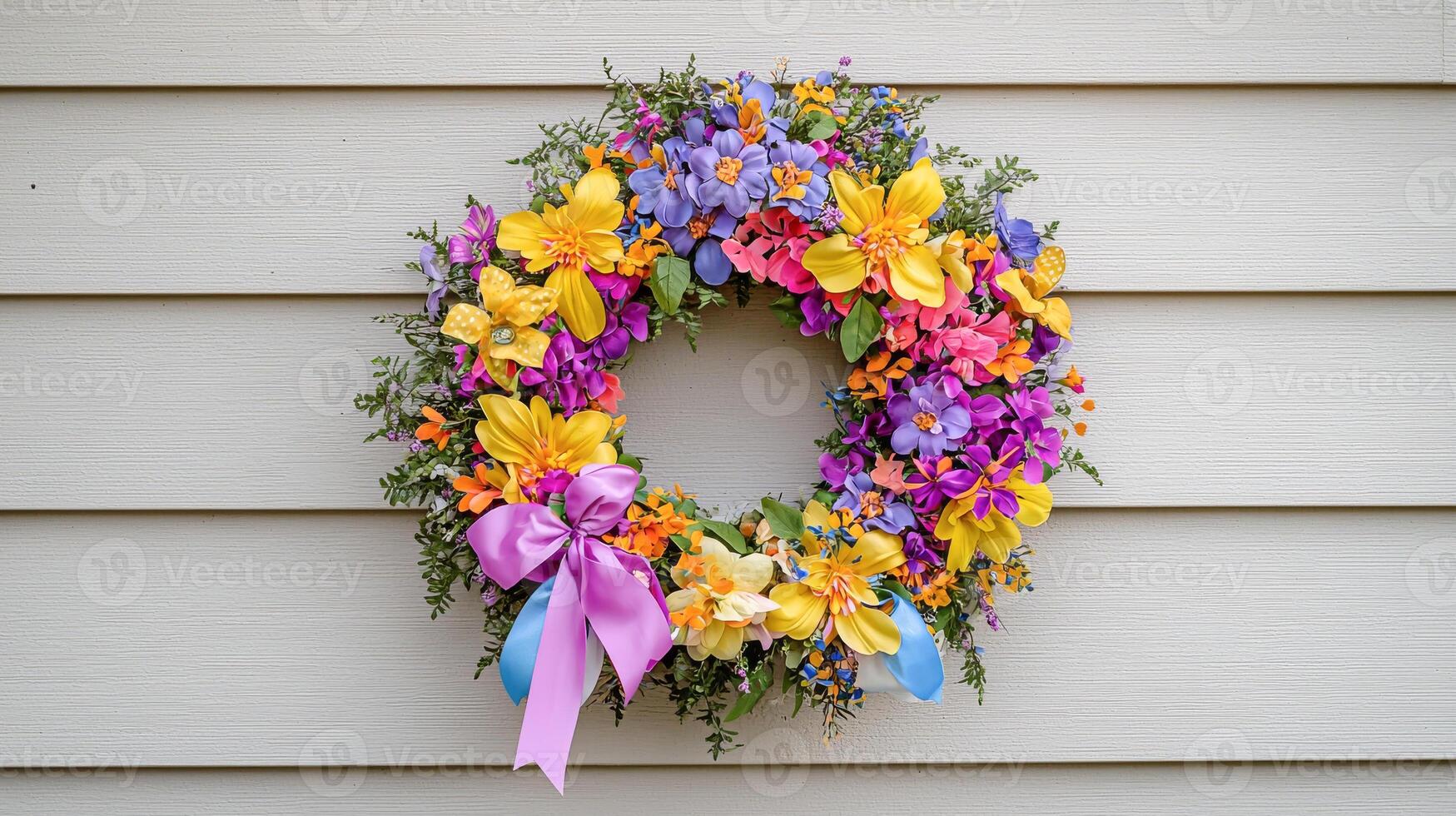 Colorful Easter Wreath with Spring Flowers and Pink Bow on House Wall Celebration of Springtime, Floral Decorations, Festive Home Decor, Easter Traditions photo