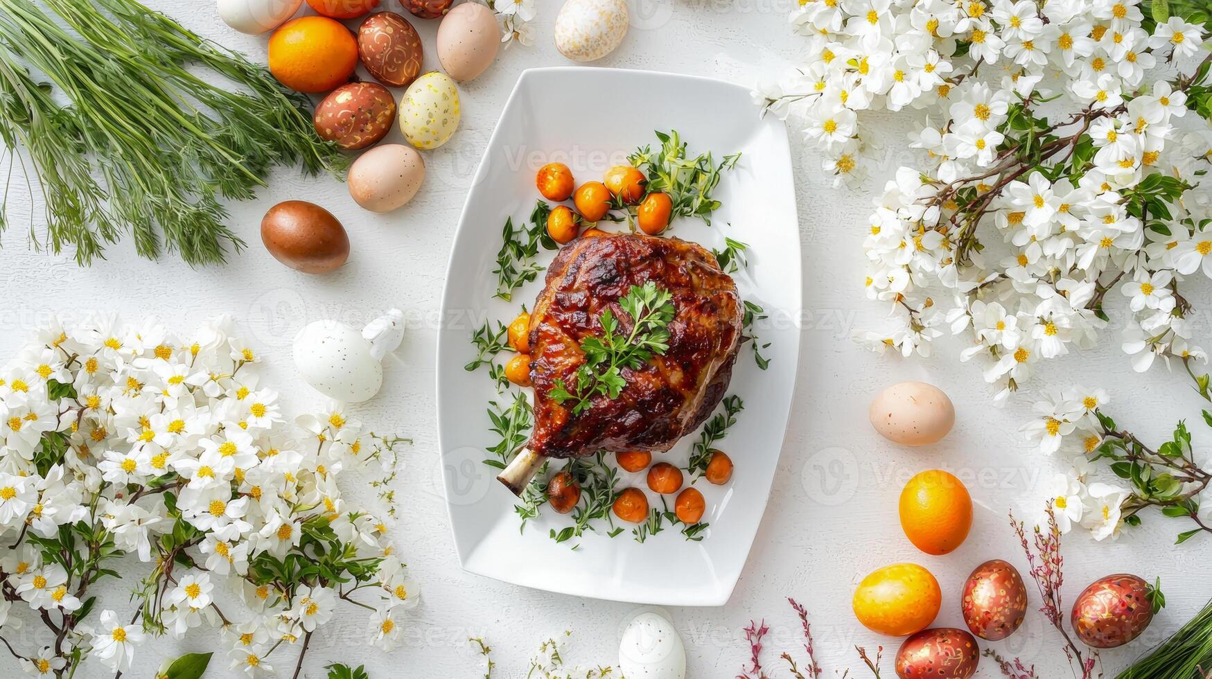 Traditional easter table setting with glazed ham and decorated eggs surrounded by fresh spring flowers. Top view photo