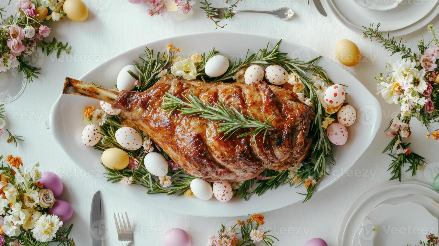 Festive Easter Dinner Table with Roasted Lamb and Colorful Eggs. Concept of Easter Celebration, Holiday Feast, Spring Decor photo