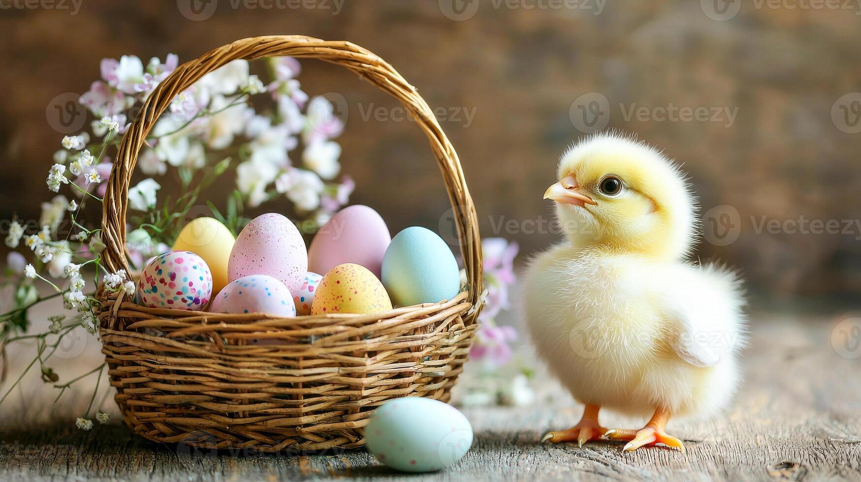 Fluffy Chick Next to Colorful Easter Basket in Springtime Setting. Concept of Easter Celebration, Spring Festivities, Cute Animals in Nature photo
