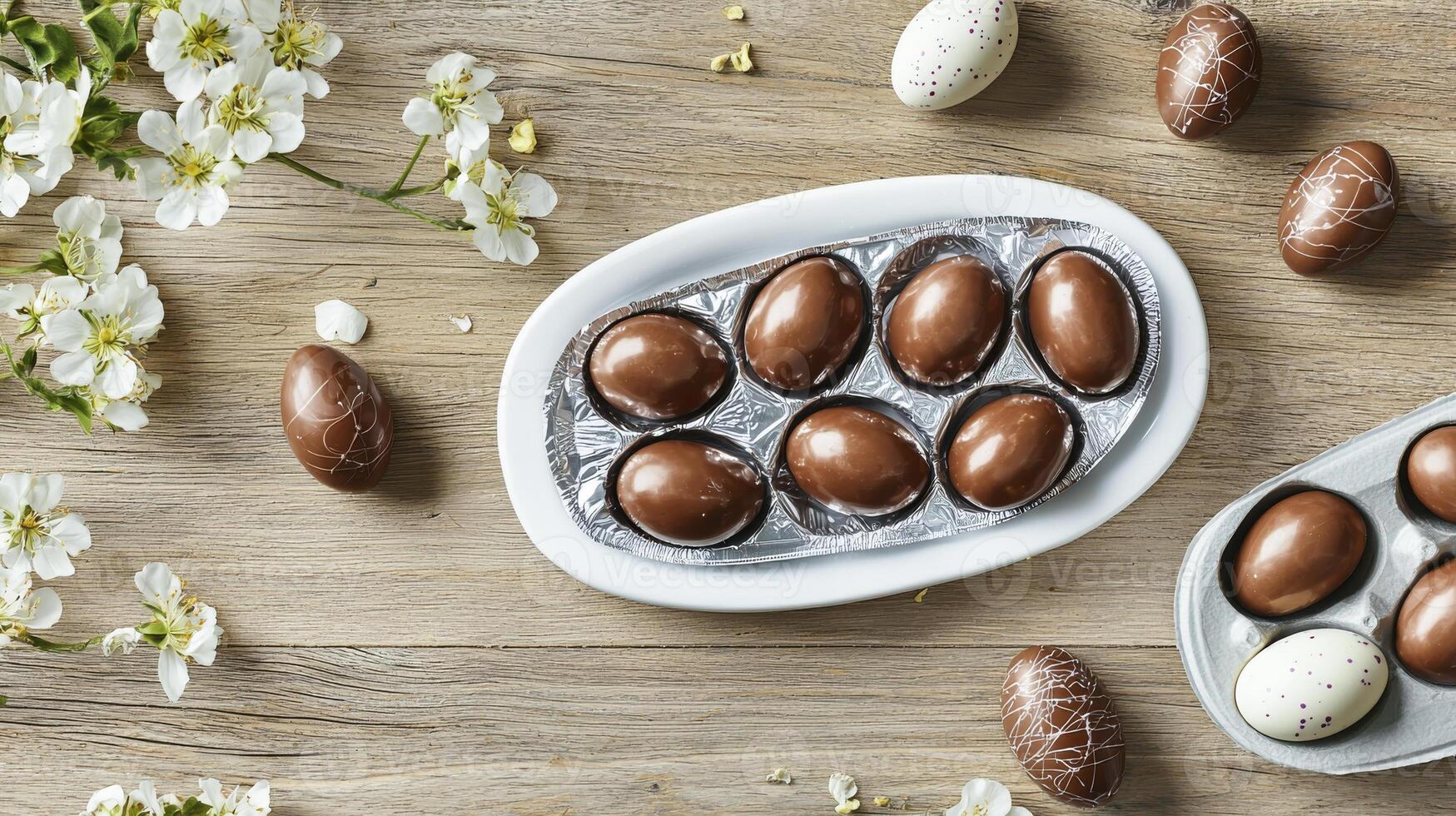 Traditional easter chocolate eggs on wooden table with blossoming flowers. concept of celebratory delight and spring festivity photo