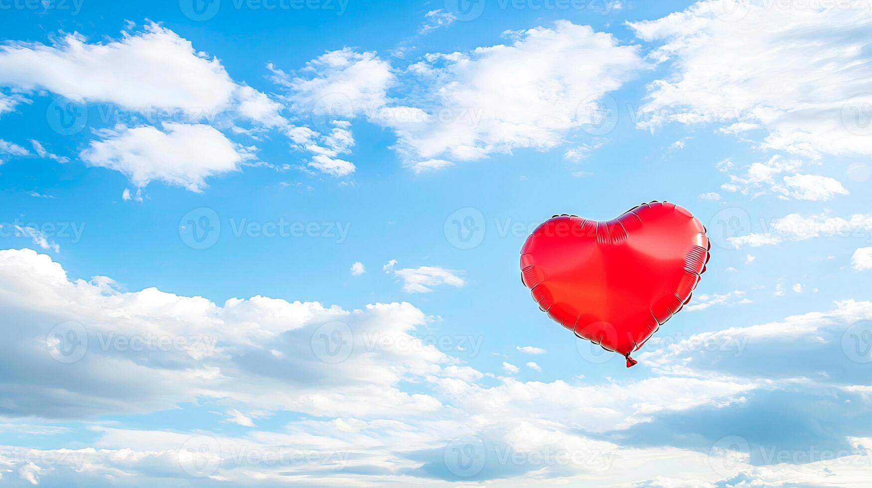 Red Heart Shaped Balloon Floating in Bright Blue Sky, Concept of Love, Freedom, Happiness, Outdoor Romance. Valentine's Day. Copy space photo