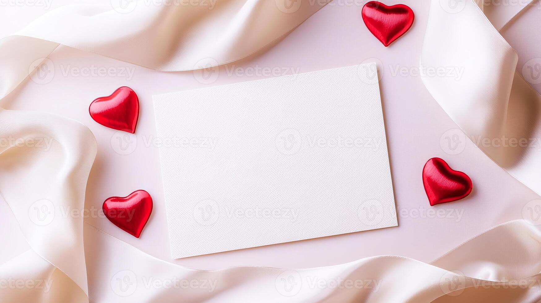 Blank White Card on Light Pink Fabric Background with Red Heart Decorations. Concept of Love, Romance, Valentine's Day, and Elegant Design.. Copy space photo