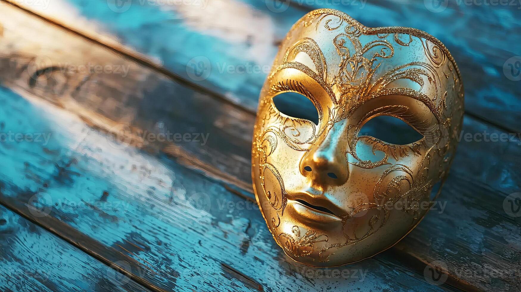 Intricate Golden Mask on Rustic Blue Wooden Surface Concept of Mysterious Elegance Carnival Tradition Venetian Art. Copy space. Copy space photo