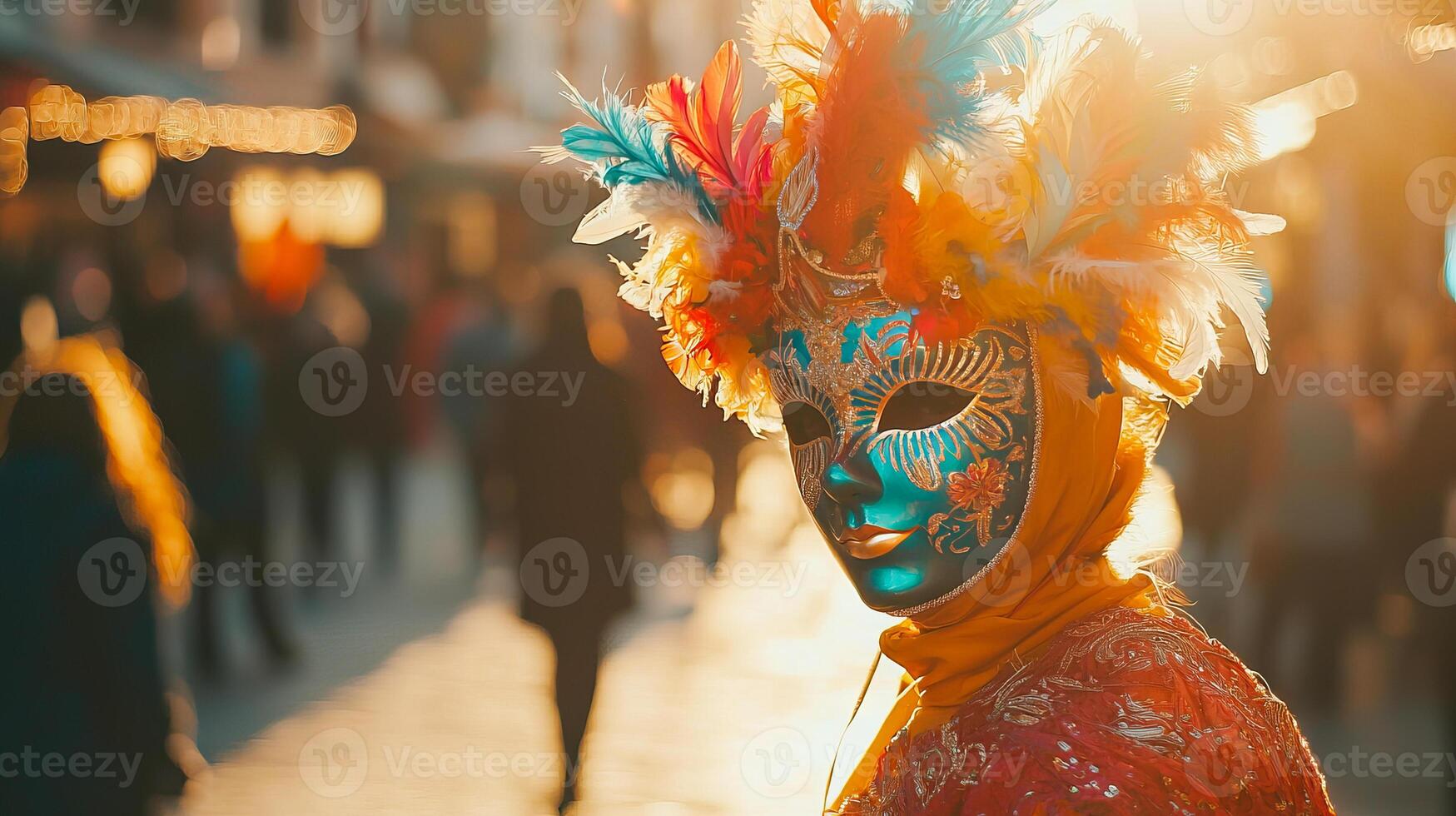 Colorful Masked Figure at Venice Carnival Celebrating Culture and Tradition in Vibrant Attire. Copy space photo