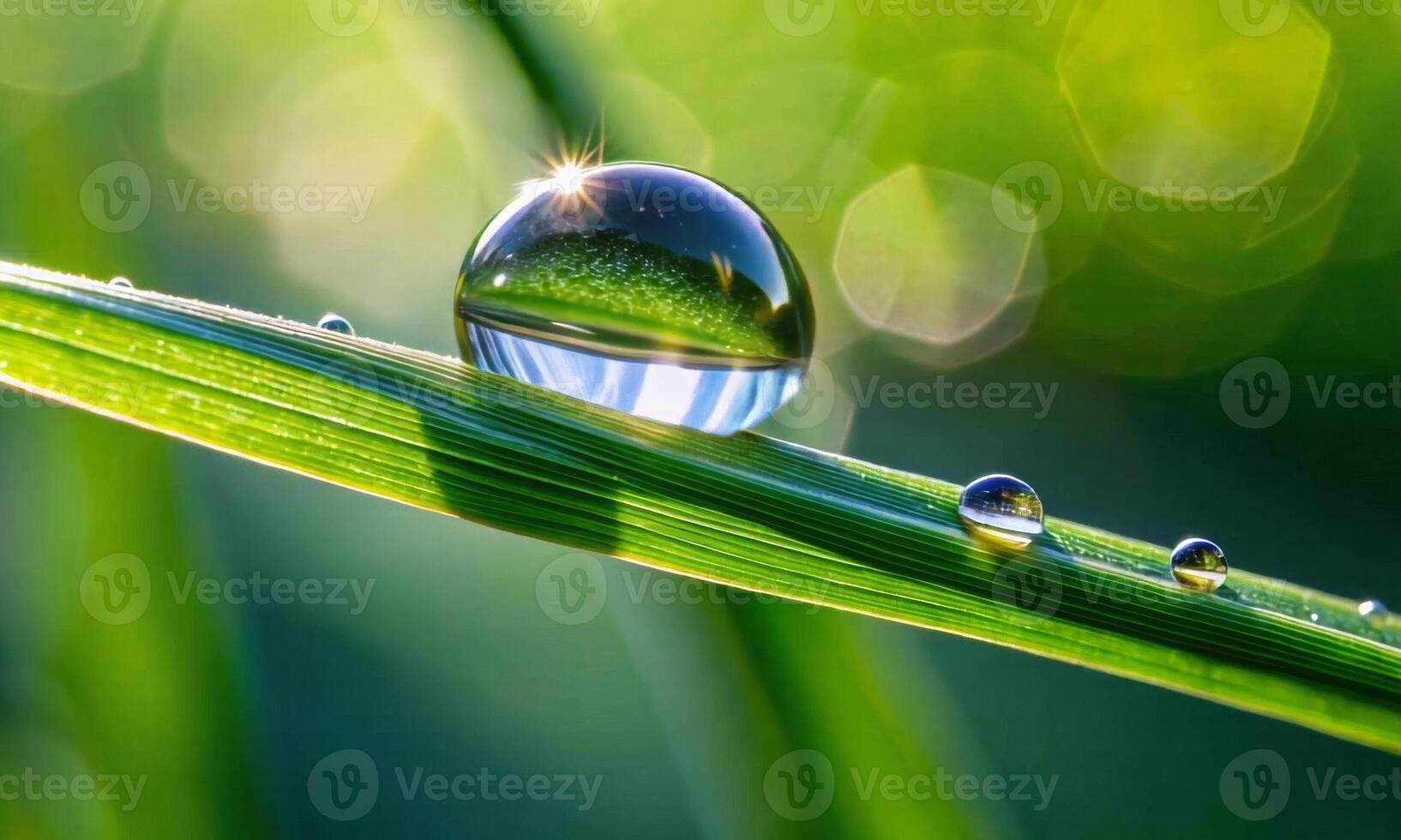 In the sunlight, a large transparent drop of water on a green blade of grass photo