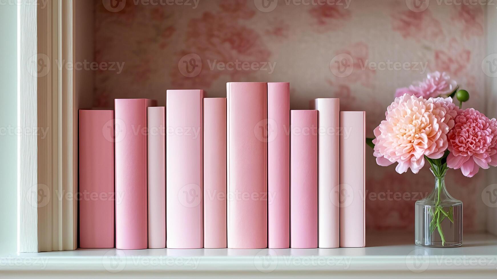 Pink books accurately arranged on a shelf and there is a vase with pink flowers photo