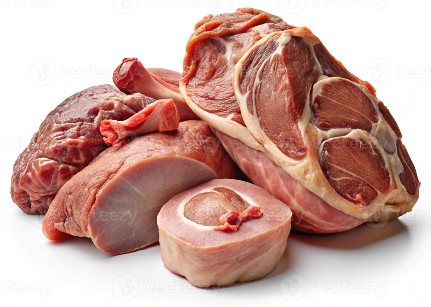 A selection of fresh meat cuts lamb, chicken, and beef arranged on a white backdrop with herbs and spices for flavoring photo