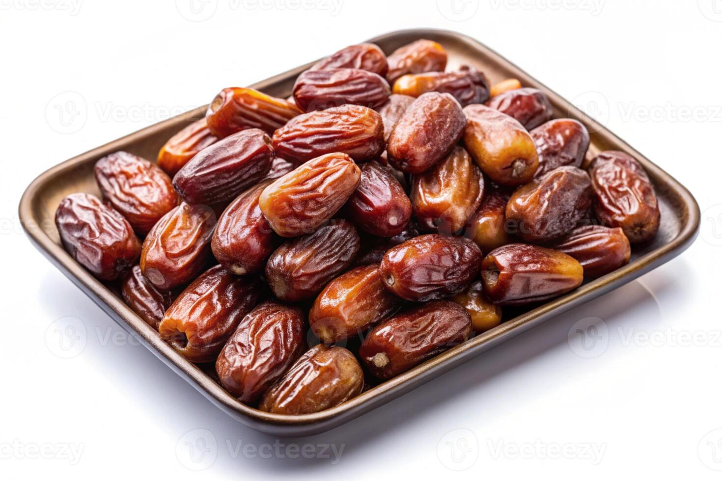 A wooden tray filled with plump dates, perfect for showcasing healthy snacks, natural sweets, or Middle Eastern desserts with a white background photo