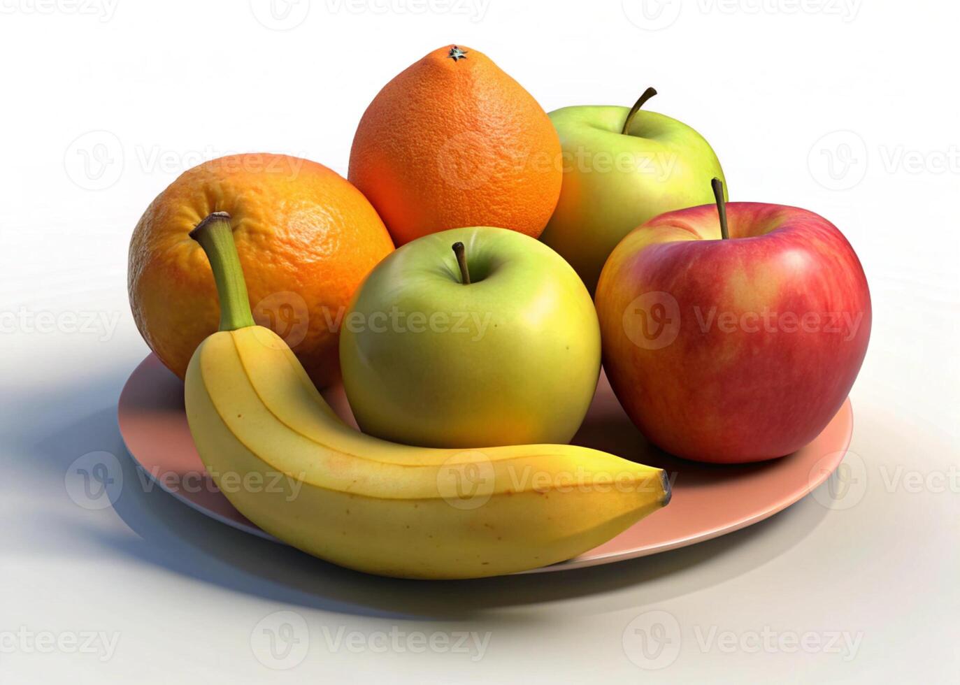 Colorful fruits including bananas, red and green apples, and oranges on white background representing health, vitality, and freshness photo