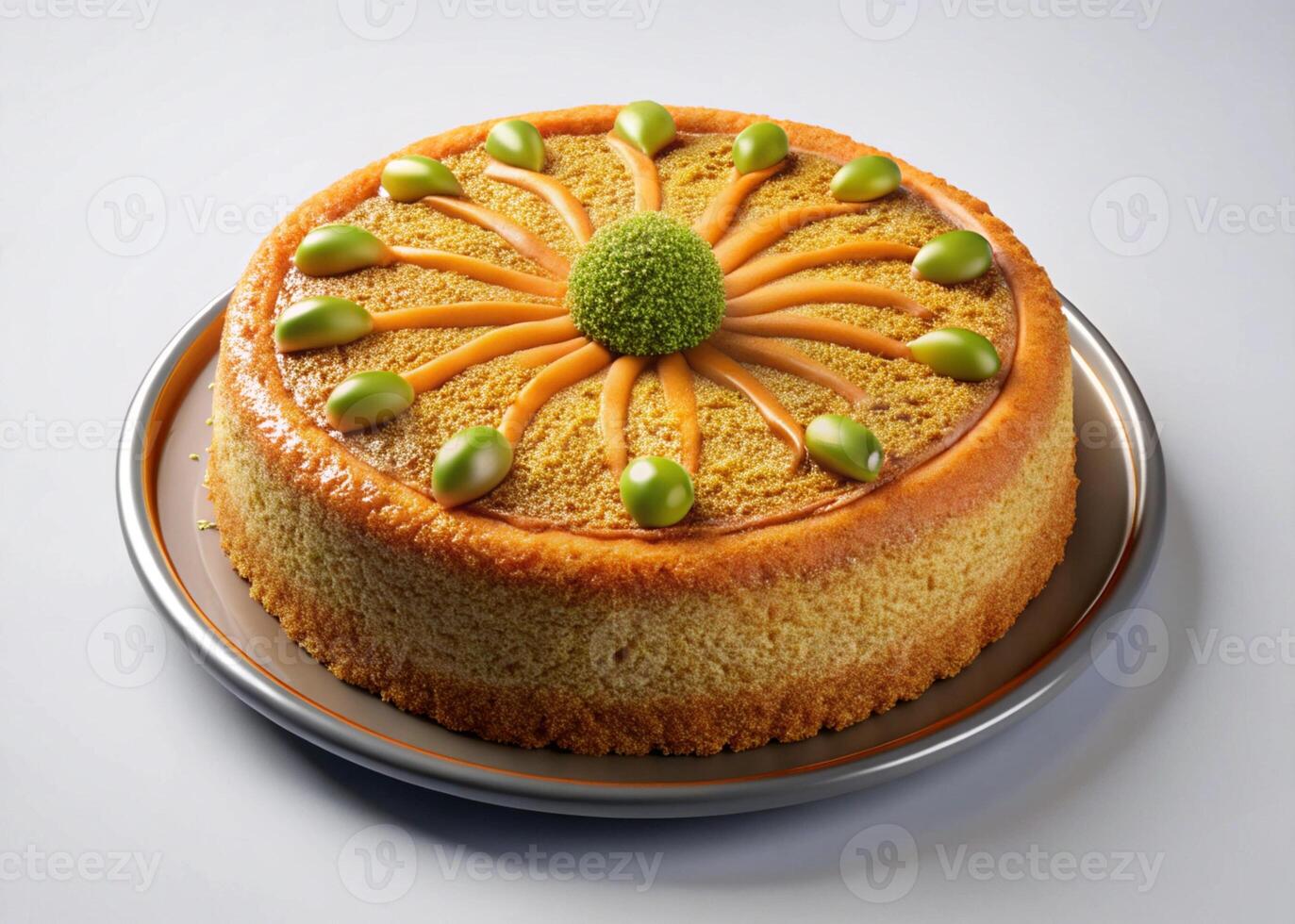 kunafa with green pistachio pieces and mint leaves, showcasing its golden brown crust and delicate design photo