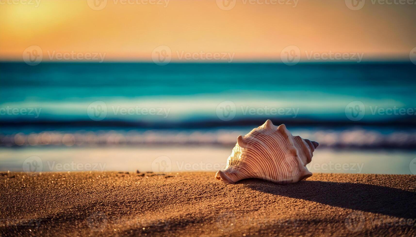 A seashell rests on soft golden sand, with the serene ocean waves gently breaking in the background on a summer day. photo