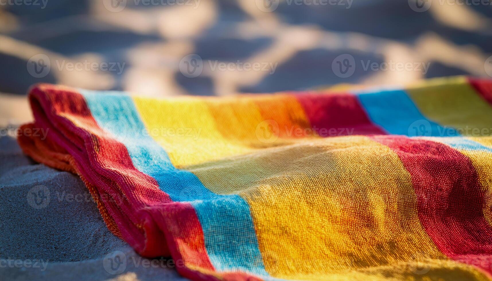 A colorful beach towel laid out on soft sand, waiting for a relaxing sunbathing session on a bright summer afternoon. photo