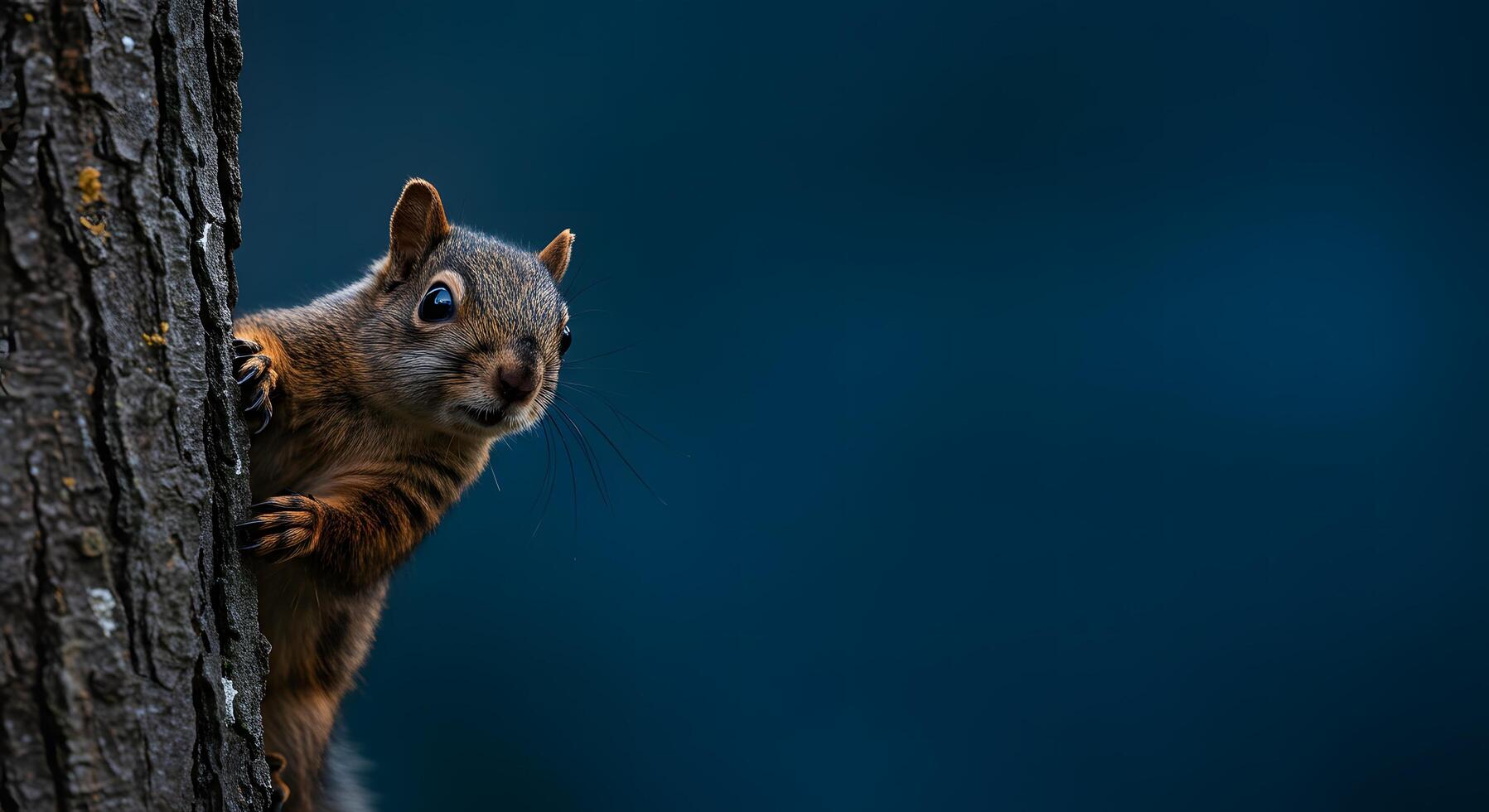 A squirrel peeks out from behind a tree trunk photo