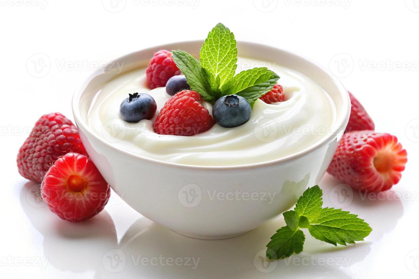 Tasty yogurt with mixed berries like strawberries, raspberries, and blueberries, garnished with mint in a white bowl on a light background photo