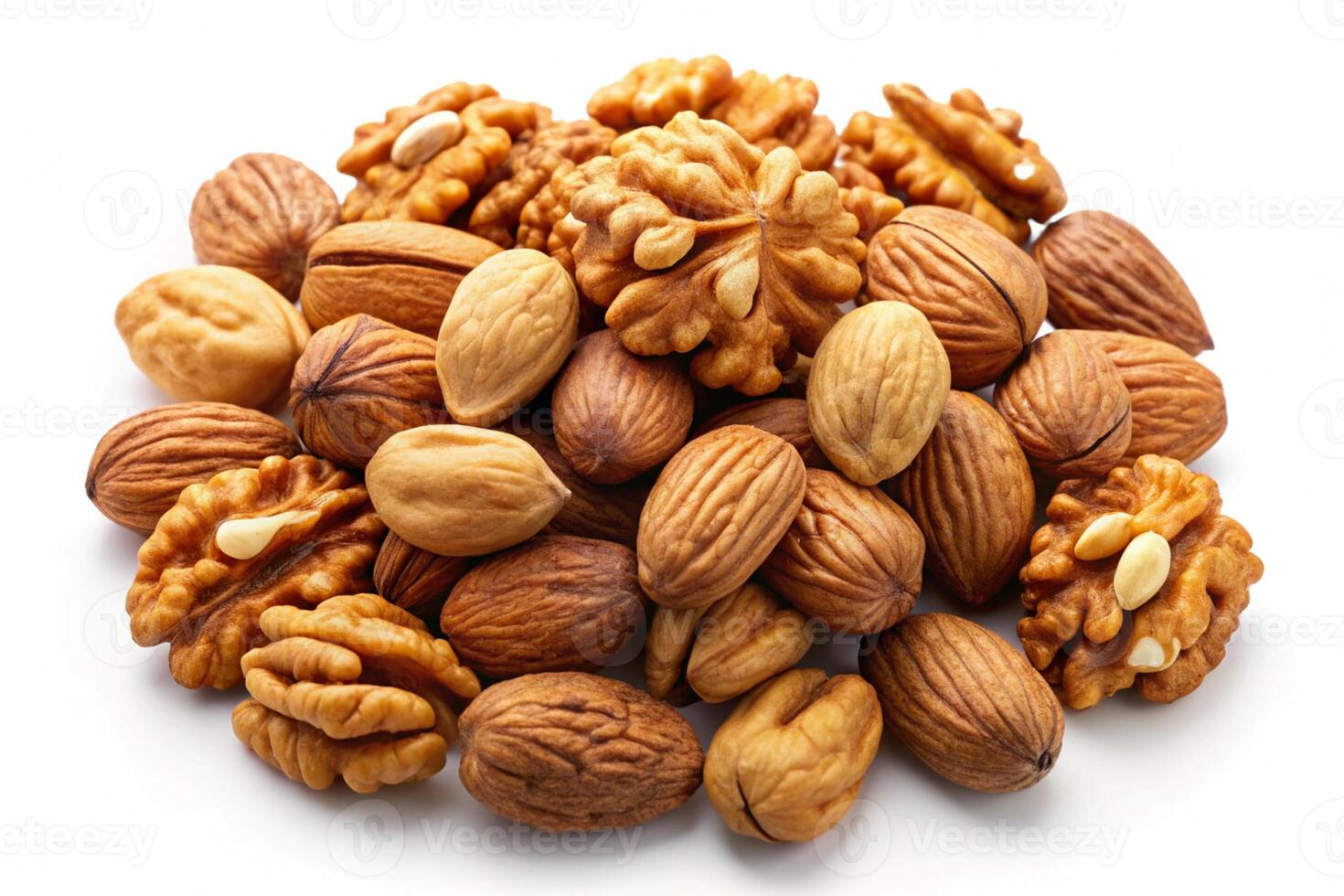 An assortment of raw almonds and walnuts in shells, artistically arranged on a white background, emphasizing their natural appearance photo