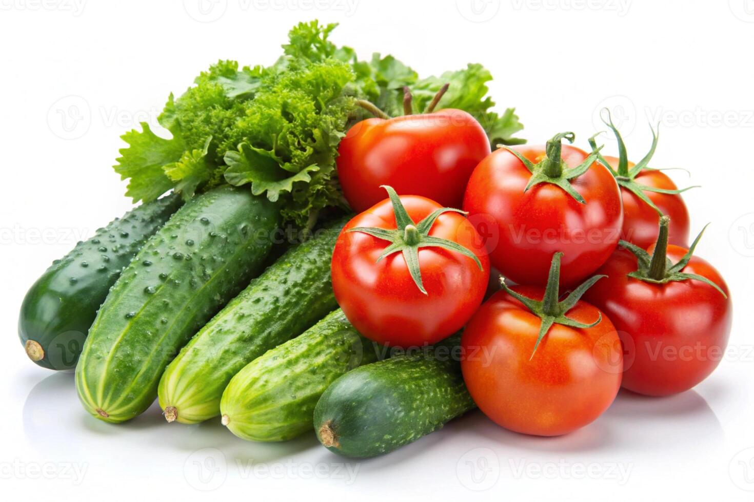 A fresh assortment of tomatoes and cucumbers on a white background, perfect for culinary or healthy lifestyle themes photo