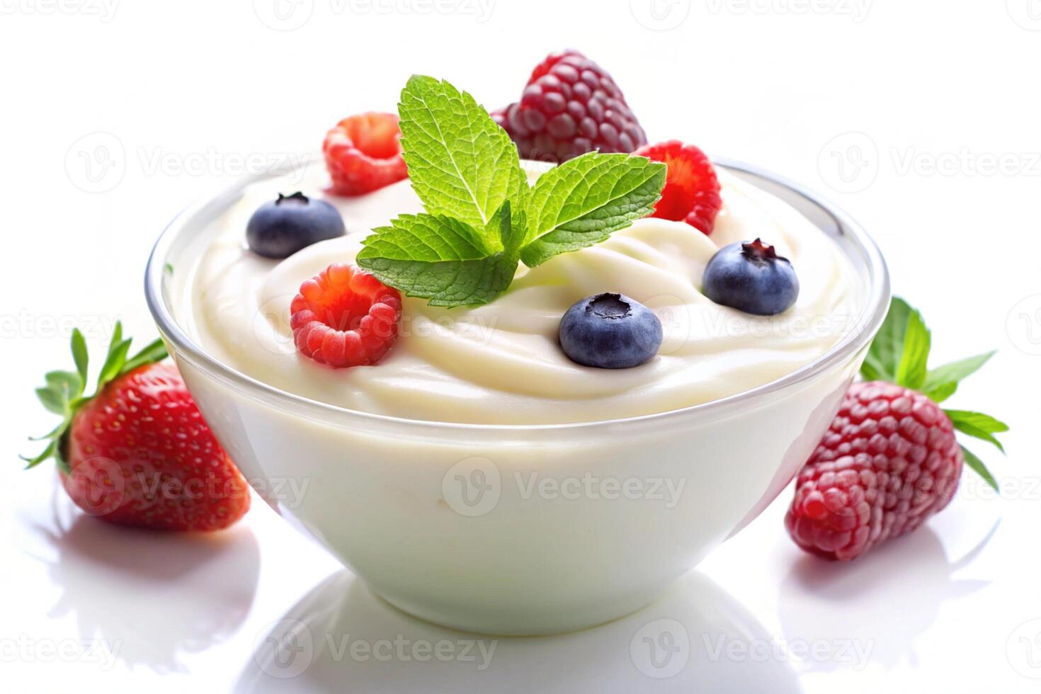 Delicious creamy yogurt topped with fresh raspberries, blueberries, and mint leaves in a clear glass bowl on a white background photo