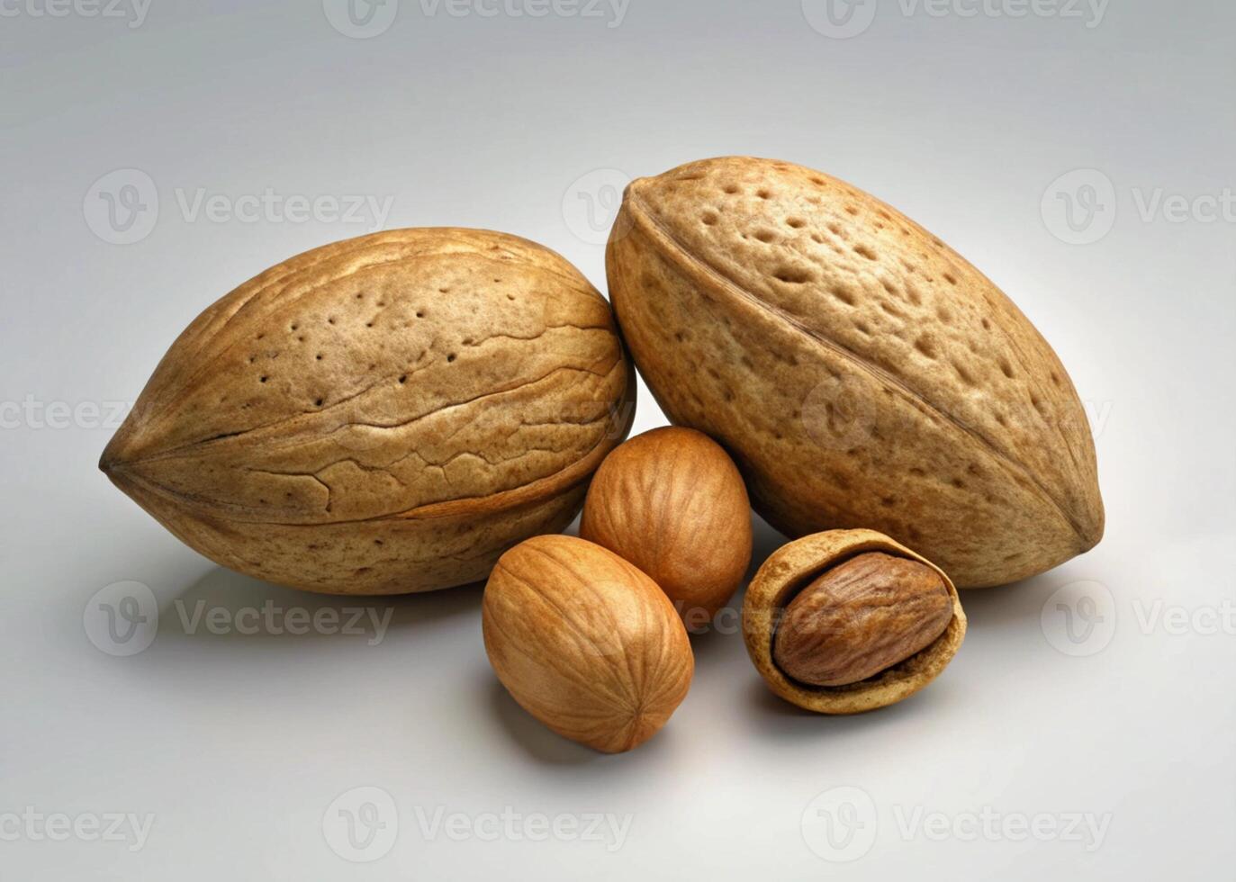 Almond and walnut nuts in their shells, displaying rich textures, on a white background with a clean and minimalistic presentation photo
