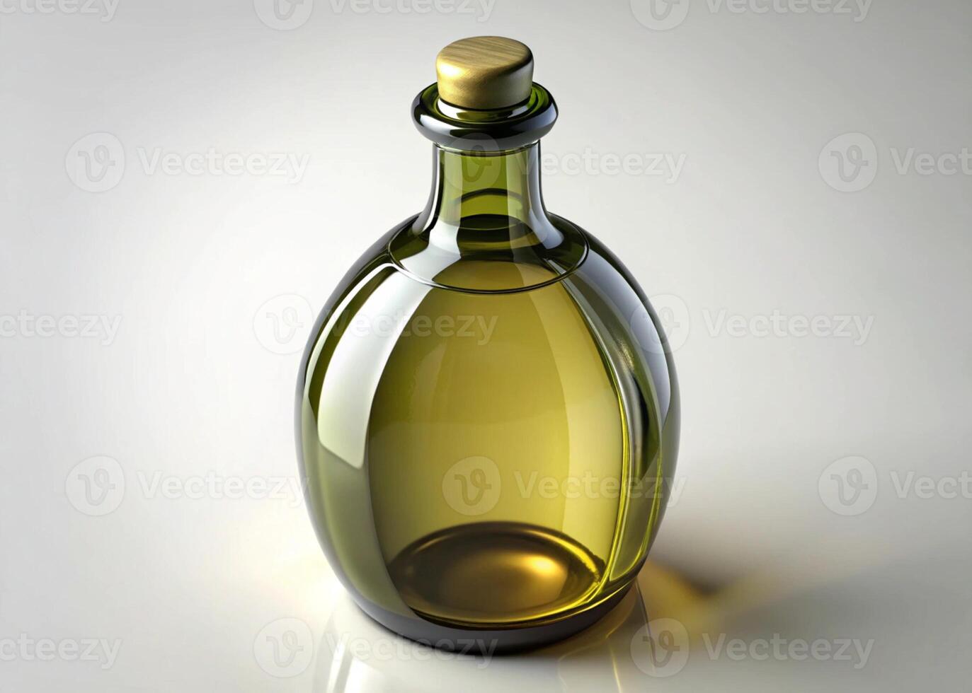 Olive oil in a decorative bottle with fresh olives and leaves, captured on a pristine white background photo